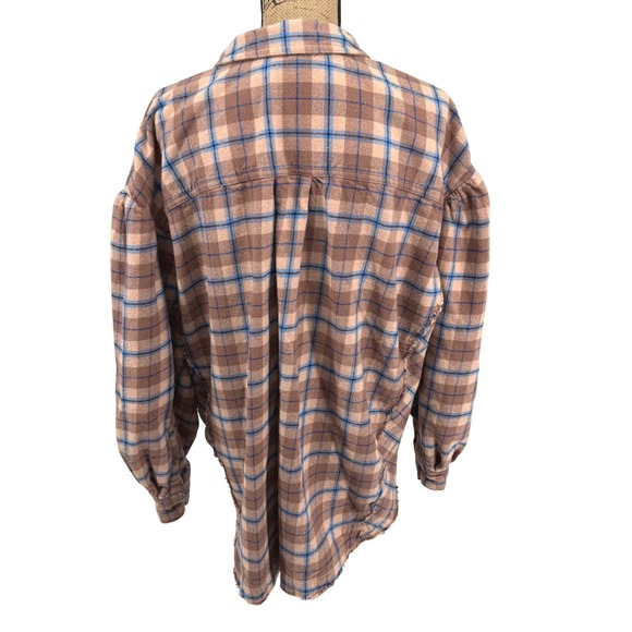 Free People We The Free Happy Hour Oversized Flannel Shirt LG Tan Button Front - Picture 5 of 12